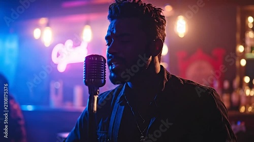 A soulful musician performs with a vintage microphone in a dimly lit club