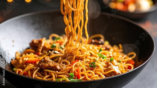 A steaming bowl of stir-fried noodles with savory meat and fresh vegetables