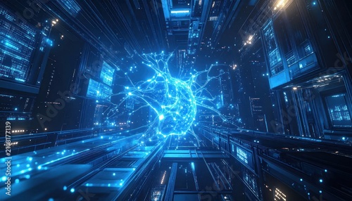 Futuristic blue data stream tunnel with glowing neural sparks.