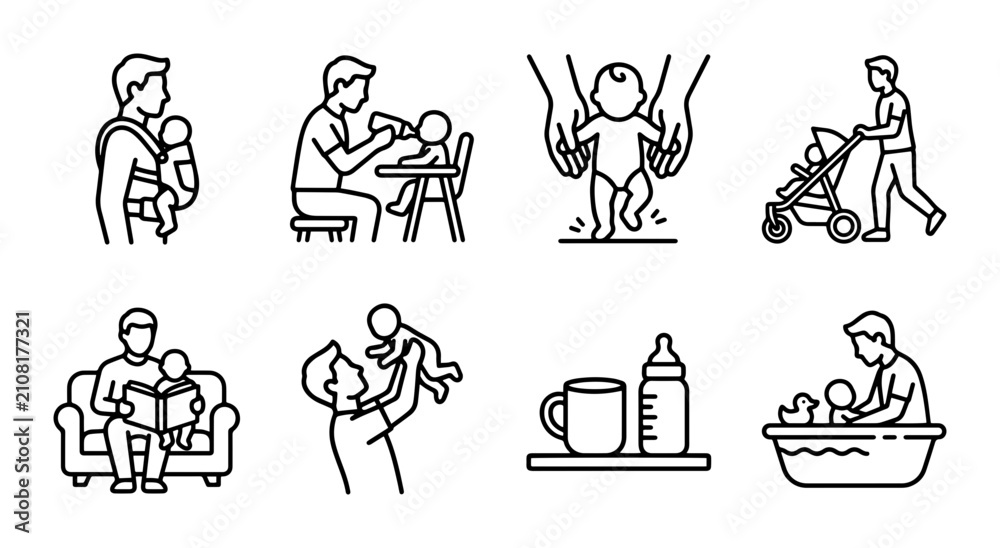 Fototapeta premium Fatherhood Icons: Parenting, Baby Care, Family Life Vector Set