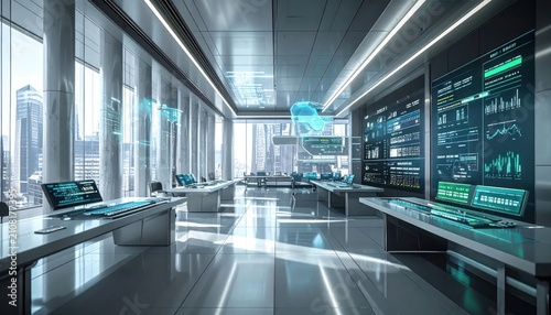 Futuristic command center with digital data screens.