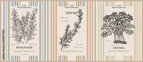 Foto Vintage herb labels adorn striped background