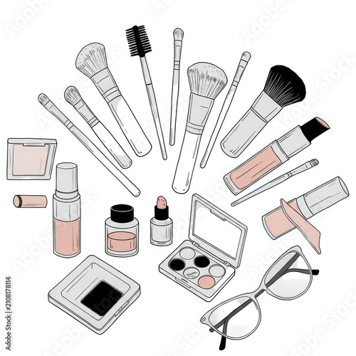 Set of makeup brushes and cosmetic products isolated on transparent background