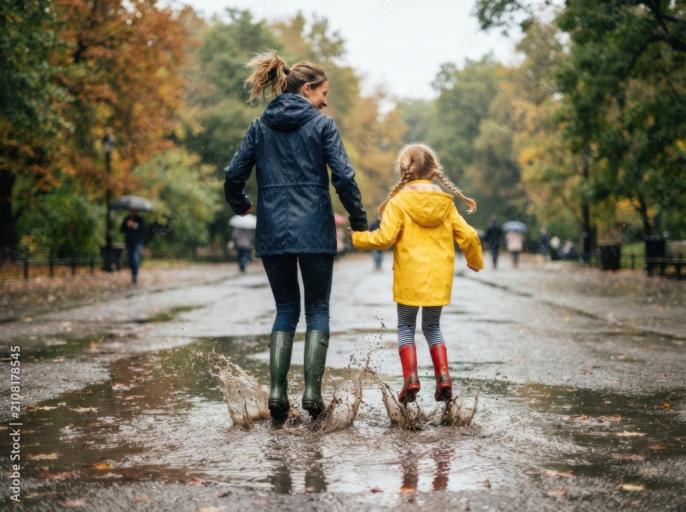 Obraz premium Mother and child jump in puddles hand-in-hand on autumn day outdoors
