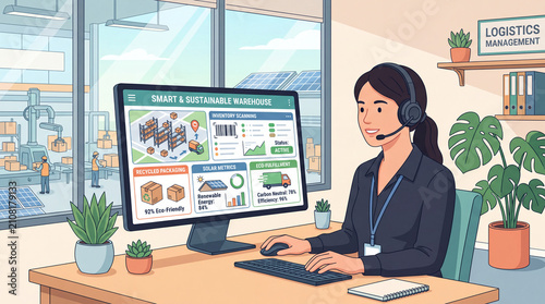 Female logistics operator in headset monitoring smart sustainable warehouse dashboard, inventory tracking, solar energy metrics and eco packaging flat vector illustration