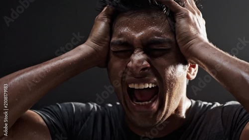 Sweating Man Screaming with Hands on Head in Frustration