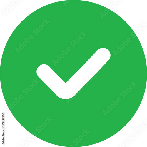 Green Circle Check Mark Icon Vector Illustration, White Tick Symbol in Filled Circle Flat Button Isolated on White Background