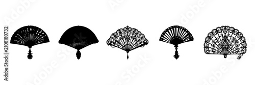 Victorian folding fan line art with ornate royal patterns isolated on white