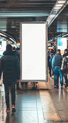 Blank digital billboard in busy subway station corridor, surrounded by commuters in winter coats, offering prime advertising space in urban transit.