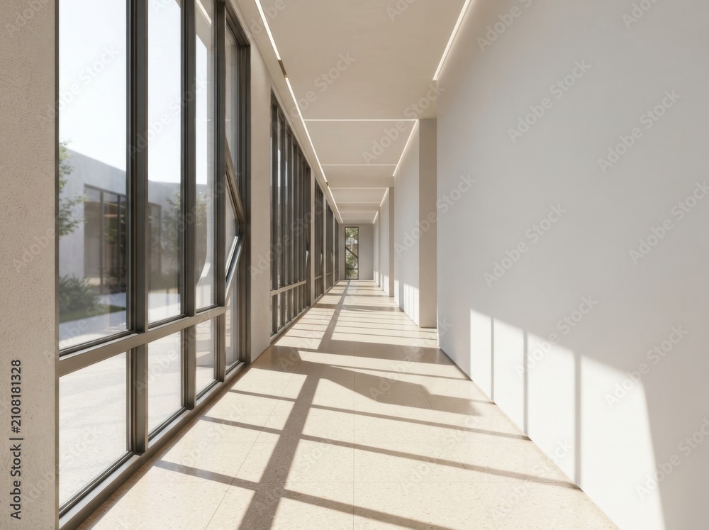 Fototapeta premium Modern Office Building Hallway with Sunlight Filtering Through Windows