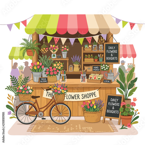Quadro su tela Colorful vintage flower shop with bicycle and blooming plants.