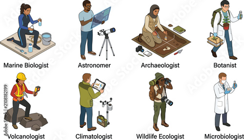 Scientific Research Profession Isometric Vector Character Set with Field Scientists and Environmental Researchers