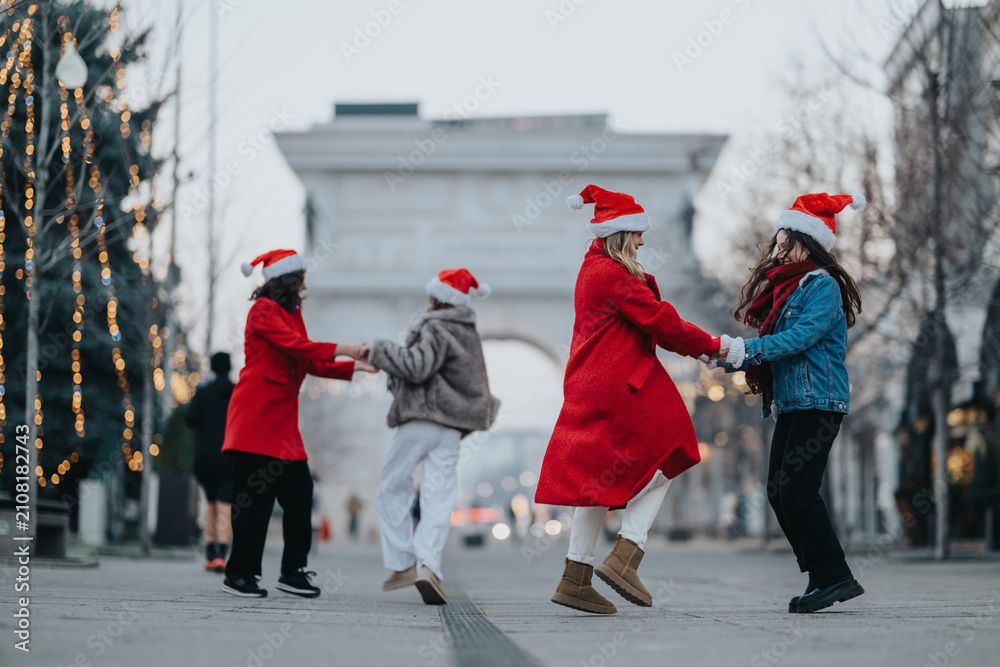 Fototapeta premium Four girls wearing Santa hats hold hands and dance on a city street. A festive winter scene of friends celebrating together near a monumental arch.