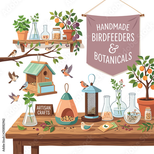Handcrafted birdfeeders and botanical decorations on rustic shelf.