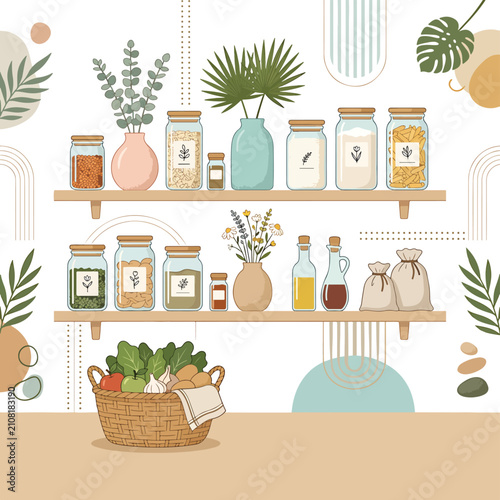 Flat lay of tropical home decor and lifestyle accessories on wooden shelf.