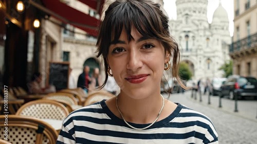 Smiling Young French Woman Sitting at Outdoor Cafe in Paris