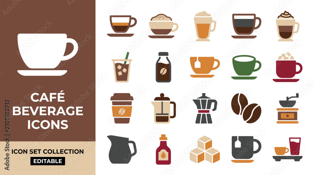 Obraz premium Coffee and tea beverage icon set featuring cafe menu items
