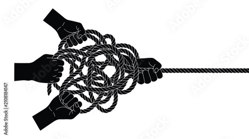 Teamwork concept showing multiple hands pulling on tangled rope in tug of war showing collaboration and difficult challenges.