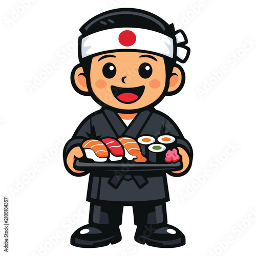 Cute Japanese Sushi Chef Cartoon Mascot Full Body Vector.eps