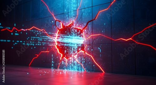 Network security breach red cracks digital wall data leak cybersecurity threat