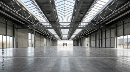 Empty industrial exhibition hall. Large warehouse space with high ceilings and skylights.