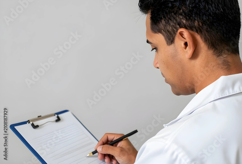 Young man in white lab coat...