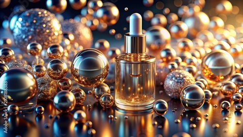 A microscopic serum molecule landscape stretches silently beneath a shimmering cosmetic product