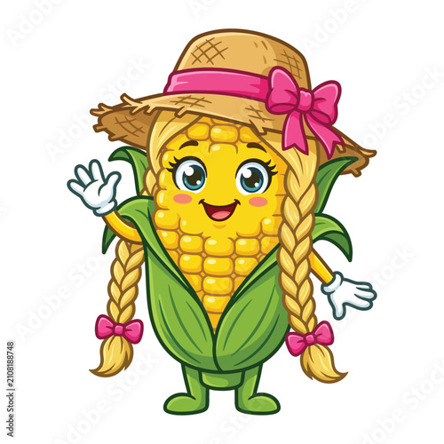 Cute Sweet Corn Girl Character with Braids and Pink Bow