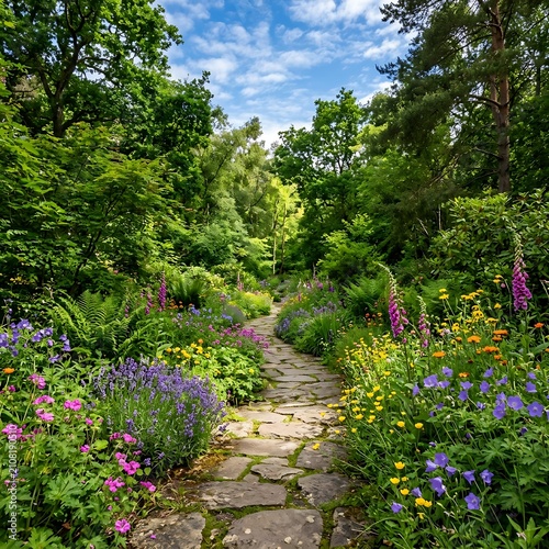 Serene garden path bordered by vibrant blooming flowers.