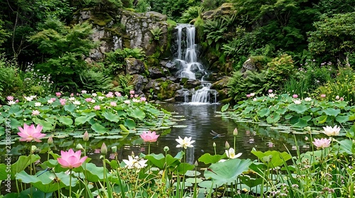 Serene garden waterfall with blooming flowers and greenery.