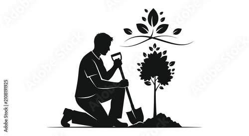Cuadro en lienzo Silhouette of man planting a tree with foliage white background