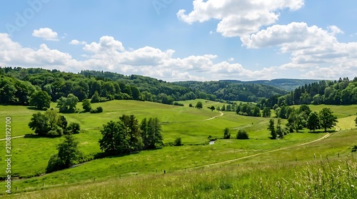Serene green meadow with scattered trees under blue sky.