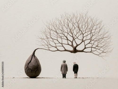 People and Abstract Tree Rooted in Stone with Barren Branches Overhead