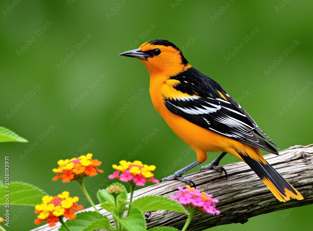 Fototapeta premium Bright orange and black bird sits on dead tree limb near colorful lantana flowers. It has black head and tail feathers with white wing stripes. Background is soft green.