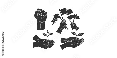 Empowerment and growth hands with plant flags and raised fist symbolism