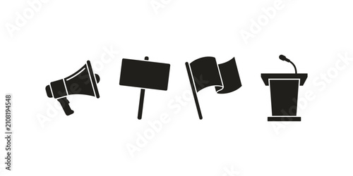 Political campaign protest icons megaphone sign flag podium