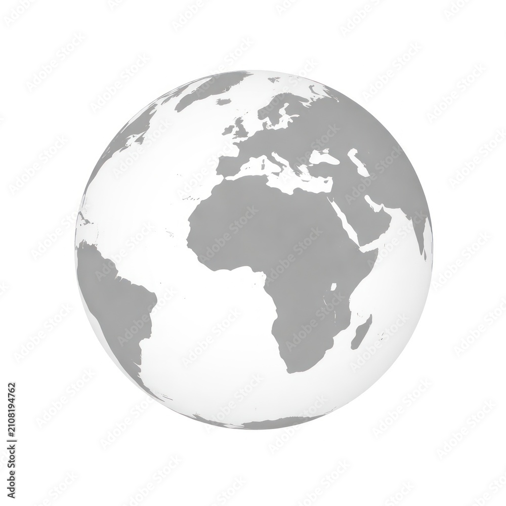 Fototapeta premium Minimalist globe illustration with continents in gray.