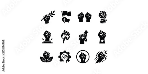 Black power fist icons collection with various symbolic elements