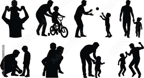 Black silhouettes of adults and children playing together white background