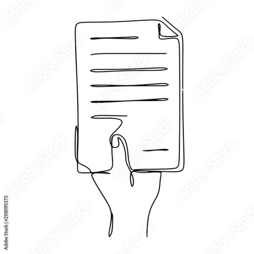 One line drawing of a hand holding a document with horizontal lines isolated on transparent background