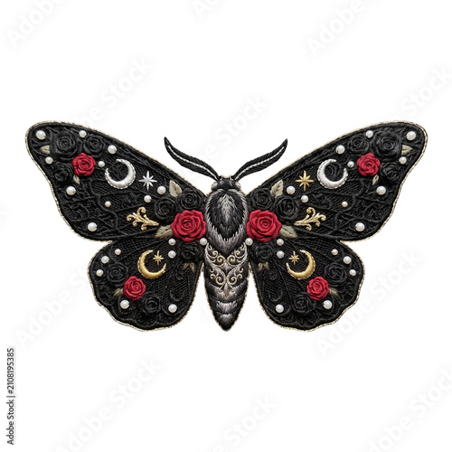 Mystical dark academia moth with celestial gold stars and floral lace. Occult gothic embroidery design element.