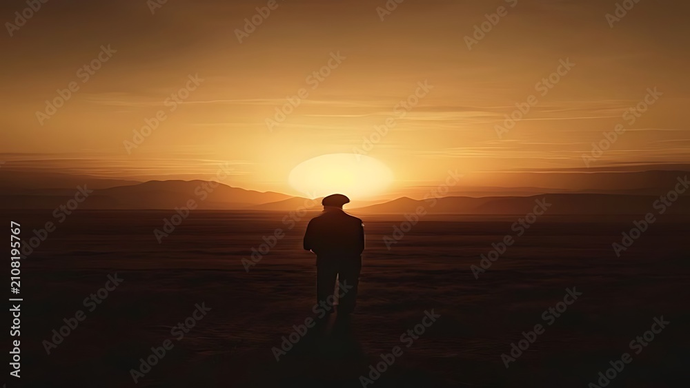 Fototapeta premium Silhouette of person walking into sunset horizon.