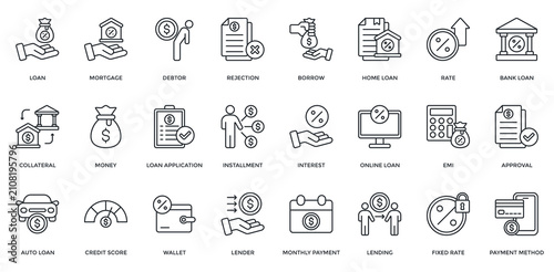 Loan Icon Set. Containing Mortgage, Debtor, Borrow, Collateral, Money, Loan Application, Installment, Interest, Auto Loan Icon. Simple Black Outline Vector 