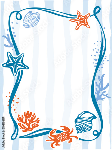 Hand drawn coastal decorative frame with seashells coral crab and starfish for creative design