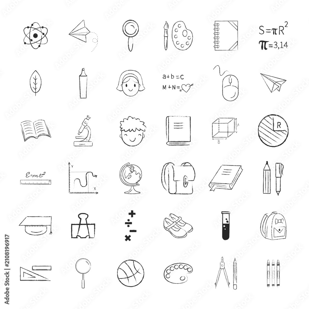 Fototapeta premium Hand drawn pencil doodle school and education icons set featuring science, math, and art supply