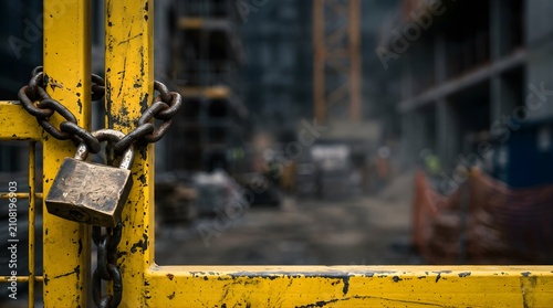 Steel padlock and chain locked on a yellow gate at a construction site