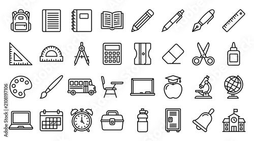 Photos School Supplies Stationery and Back to School Line Icon Set
