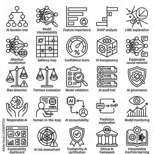 Explainable AI XAI and Model Interpretability Line Icon Set