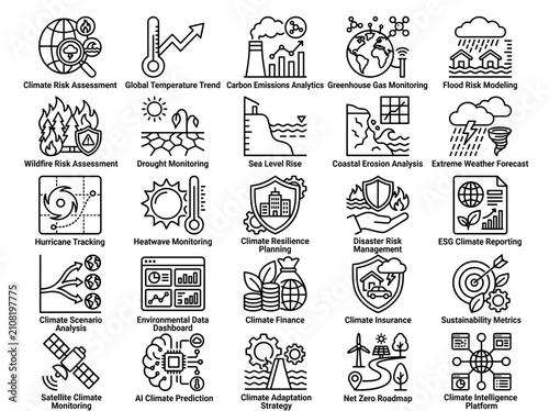 Climate Risk Analysis and Environmental Data Analytics Line Icon Set