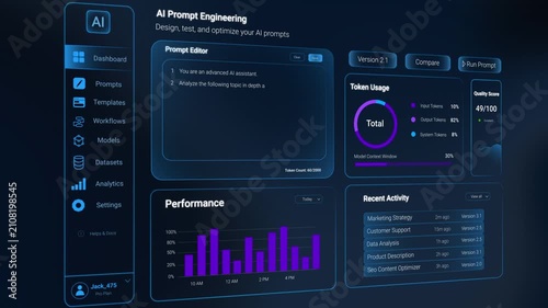 AI prompt engineering dashboard interface with token usage and analytics